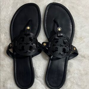 Tory Burch Black Miller Sandals with Gold Accents
